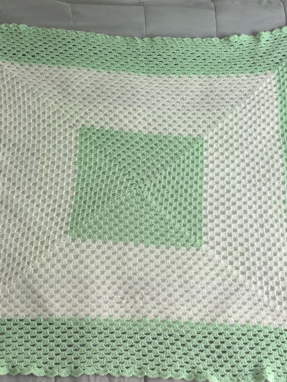 Handmade Crochet Granny Baby Blanket in Mint Green and White
